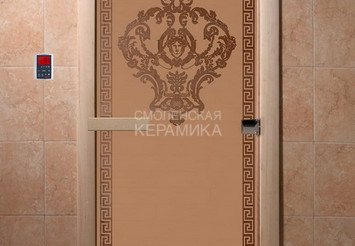 Дверь бан. DW 1900*700 кор. ольха-липа, кедр БРОНЗА МАТОВОЕ с рис. Версаче (01243) 1