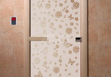 Дверь бан. DW 2000*800 кор. ольха-липа, САТИН с рис. Весна цветы, (00076) 1